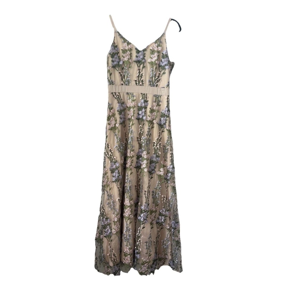 IWEMEK Floral Embroidered Mesh Maxi Dress V-Neck Beige Small 0497
